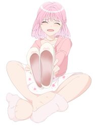 1girl absurdres akagi_yuina closed_eyes feet highres long_hair looking_at_viewer maebashi_witches open_mouth pink_hair pink_socks sa@mobuliaoyu shoes socks unworn_shoes