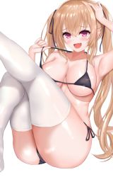 1girl ana_(vvvvor) bikini black_bikini fang light_brown_hair long_hair looking_at_viewer original pink_eyes simple_background smile solo swimsuit twintails very_long_hair white_background