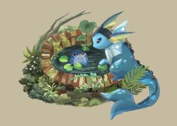 Rule 34 | animal focus, black eyes, bright pupils, commentary, fern, fins, full body, gen 1 pokemon, grey background, head fins, highres, lily pad, looking at another, moss, nintendo, no humans, pokemon, pokemon (creature), poliwag, pool, ripples, simple background, symbol-only commentary, vaporeon, volpecorvo, white pupils