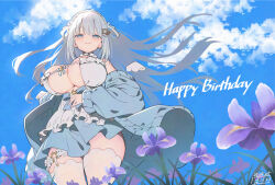 1girl blue_dress blue_eyes blue_hair blush braid breasts cleavage closed_mouth dated dress eyebrows_hidden_by_hair fbc field flower flower_field from_below hair_ornament hair_rings hand_on_own_stomach happy_birthday indie_virtual_youtuber large_breasts long_hair looking_at_viewer looking_down shiroha_nemu signature smile solid_circle_eyes solo star_(symbol) star_hair_ornament thigh_strap thighhighs very_long_hair virtual_youtuber white_thighhighs