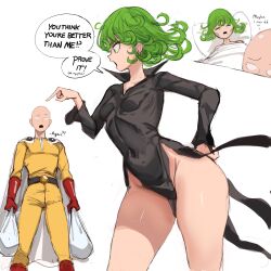 1boy 1girl bald black_dress bodysuit breasts curvy dress english_text gloves green_eyes green_hair guy_tired_after_sex_(meme) highres implied_after_sex instant_loss meme one-punch_man pointing rakeemspoon red_gloves saitama_(one-punch_man) short_hair simple_background small_breasts speech_bubble tatsumaki thighs white_background wide_hips yellow_bodysuit