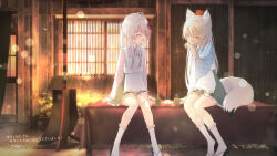 2girls :d ^_^ animal_ear_fluff animal_ears apron black_footwear blush closed_eyes commentary_request commission coreytaiyo cup day flower food fox_ears fox_girl fox_tail frilled_apron frilled_kimono frilled_skirt frilled_socks frills gradient_hair green_skirt grey_hair hair_between_eyes hair_flower hair_ornament highres japanese_clothes kimono long_hair multicolored_hair multiple_girls open_mouth original outdoors pink_hair pink_kimono ponytail red_flower sandals sitting skeb_commission skirt smile socks spider_lily tabi tail very_long_hair white_apron white_socks yunomi zouri