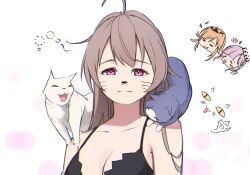 3girls ahoge azur_lane breasts brown_hair cat chibi cleavage hatski.sin highres jean_bart_(azur_lane) long_hair multiple_girls pink_eyes pink_hair purple_eyes whiskers