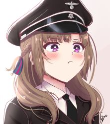1girl black_necktie blush braid bright_pupils brown_hair female_focus hair_ribbon hat mature_female military military_hat military_uniform nazi nazi_uniform necktie oosuki_mamako pout purple_eyes reichsadler ribbon solo syyn_(syyndev) tsuujou_kougeki_ga_zentai_kougeki_de_ni-kai_kougeki_no_okaasan_wa_suki_desu_ka? upper_body