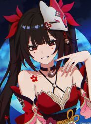 1girl akeno0329 bare_shoulders black_choker breasts brown_hair choker dress flower_tattoo fox_mask hand_up highres honkai:_star_rail honkai_(series) long_hair looking_at_viewer mask medium_breasts red_dress red_eyes sash self-upload smile solo sparkle_(honkai:_star_rail) tattoo twintails upper_body