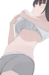 Rule 34 | 1girl, black hair, bra, breasts, brown eyes, clothes lift, grey shorts, highres, hiroki (yyqw7151), lifting own clothes, medium breasts, navel, original, panties, panties under shorts, shirt, shirt lift, short hair, shorts, simple background, solo, underwear, white background, white bra, white panties, white shirt