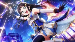 1girl :d arm_up bare_shoulders black_gloves black_hair black_thighhighs blunt_bangs blush building city dutch_angle elbow_gloves from_below gloves green_eyes headset hime_cut holding holding_staff idol kurosawa_dia leg_up long_hair looking_at_viewer love_live! love_live!_school_idol_festival_all_stars love_live!_sunshine!! magical_girl mole mole_under_mouth night night_sky official_art open_hand open_mouth outdoors sky smile solo sparkle staff star_(sky) starry_sky teeth thighhighs upper_teeth_only v-shaped_eyebrows