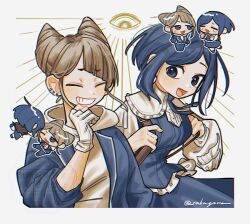 2girls ^_^ backpack bag breasts chibi chibi_inset closed_eyes collared_shirt cone_hair_bun disembodied_eye double_bun frilled_sleeves frills fukurai_azami gloves grin hair_bun hand_up holding_strap hood hood_down hoodie jacket limited_palette long_sleeves looking_at_another medium_breasts multiple_girls open_mouth partially_fingerless_gloves puffy_long_sleeves puffy_sleeves saba_goma shirt short_hair simple_background smile tears tomarigi_yasumi toshi_densetsu_kaitai_center twitter_username upper_body