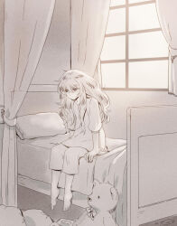 1boy aged_down barefoot child curtains frown full_body half-closed_eyes long_hair male_focus mizuhara_aki monochrome on_bed pajamas pisces_aphrodite sad saint_seiya sitting solo stuffed_animal stuffed_toy teddy_bear trap window