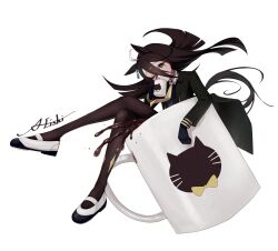 1girl a4_(a4_eishi) ahoge animal_print black_coat black_gloves black_hair black_pantyhose black_shirt cat_print coat coffee collared_shirt cup ear_tag earrings gloves hair_between_eyes highres holding holding_cup jewelry long_bangs long_hair long_hair_between_eyes long_sleeves manhattan_cafe_(umamusume) mug multicolored_hair necktie one_eye_closed pantyhose shirt shoes single_earring sitting solo spilling umamusume very_long_hair white_hair white_shoes yellow_eyes yellow_necktie