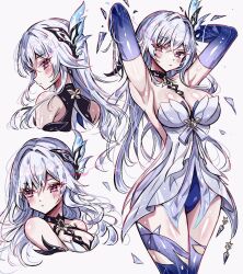 Rule 34 | 1girl, armpits, arms behind head, breasts, cleavage, commentary, cropped torso, dress, elbow gloves, genshin impact, gloves, hair ornament, highres, large breasts, multiple views, presenting armpit, purple eyes, purple gloves, purple thighhighs, simple background, skirk (genshin impact), thighhighs, thighs, usa (usagi minku), white background, white dress