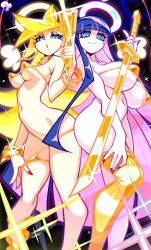 2girls areola_slip artist_logo artist_name bikini blonde_hair blue_eyes blue_hair blue_nails bracelet breasts closed_mouth colored_inner_hair commentary covered_erect_nipples english_commentary gold_bikini gold_thighhighs golden_week gun halo handgun highres holding holding_gun holding_sword holding_weapon jewelry katana krokobyaka large_breasts logo long_hair looking_at_viewer medium_breasts multicolored_hair multiple_girls navel necklace open_mouth panties panty_&amp;_stocking_with_garterbelt panty_(psg) panty_pull pink_hair pinky_out red_nails stocking_(psg) stomach striped_clothes striped_thighhighs swimsuit sword thighhighs trigger_discipline two-tone_hair underwear weapon