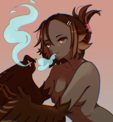 Rule 34 | 1girl, absurdres, breasts, brown eyes, brown feathers, brown hair, brown wings, cigarette, colored smoke, commentary, dark-skinned female, dark skin, english commentary, feathered wings, feathers, hair between eyes, hair ornament, hairclip, harpy, highres, holding, holding cigarette, looking at viewer, monster girl, nipples, nude, original, short hair, slit pupils, small breasts, smoke, smoke trail, smoking, solo, unreal fish, winged arms, wings