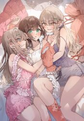 3girls absurdres brown_hair cover girl_sandwich highres hug lying multiple_girls navy_(navy.blue) sandwiched second-party_source smile thighs wavy_mouth