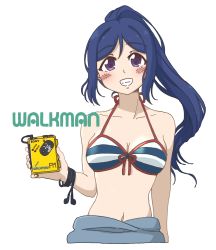 1girl absurdres artist_name artist_request bare_shoulders bikini blue_bikini blue_hair blush bow bow_bikini breasts cleavage collarbone female_focus front-tie_bikini_top front-tie_top hair_between_eyes halterneck headphones high_ponytail highres holding long_hair looking_at_viewer love_live! love_live!_school_idol_festival love_live!_sunshine!! matsuura_kanan medium_breasts parted_lips ponytail purple_eyes rainforce side-tie_bikini_bottom smile solo sony striped_bikini striped_bikini_top striped_clothes swimsuit upper_body white_background