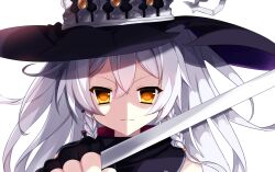 Rule 34 | 1girl, artist request, bad id, bad pixiv id, braided sidelock, braided sidelocks, fingerless gloves, gloves, hat, hilda (stella glow), holding polearm, holding weapon, long hair, looking at viewer, orange eyes, polearm, solo, stella glow, very long hair, white hair, witch, witch hat, yellow eyes