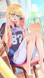 1girl bare_legs barefoot bespectacled black-framed_eyewear blonde_hair blush cellphone commentary fujita_kotone gakuen_idolmaster glasses highres holding holding_phone idolmaster indoors kainown knees_together_feet_apart long_hair looking_at_phone official_alternate_costume official_alternate_hairstyle on_chair phone purple_shirt shirt shorts sitting smile solo straight_hair v white_shorts yellow_eyes