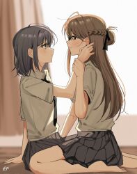 2girls barefoot black_necktie blue_eyes blue_hair blush braid brown_hair chibi closed_mouth commentary_request couple grey_skirt haidao_mao half_up_braid highres holding_another&#039;s_wrist long_hair miyagi_shiori multiple_girls necktie pleated_skirt purple_eyes sendai_hazuki shirt short_hair shuuniichido_classmate_wo_kau_hanashi sidelocks skirt straddling white_shirt yuri