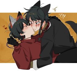 !? 2boys ^^^ animal_ear_fluff animal_ears black_eyes black_gloves black_hair black_jacket black_pants blush chinese_commentary closed_mouth collar commentary_request earrings facial_tattoo fox_boy fox_ears gloves heart holding holding_leash jacket jewelry kiss leash li_yuting_(male) long_sleeves male_focus mole mole_under_eye multiple_boys neng_chi_huoguo_ma pants red_collar red_shirt shirt short_hair short_hair_with_long_locks tail tattoo touqi_guaitan white_shirt wolf_ears wolf_tail yaoi ziche_fuzhao