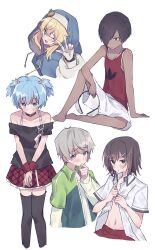 Rule 34 | 5boys, absurdres, ansatsu kyoushitsu, baka to test to shoukanjuu, barefoot, black hair, blue eyes, blue hair, blush, bridget (guilty gear), brown eyes, brown hair, crossdressing, dark-skinned male, dark skin, green eyes, grey hair, guilty gear, guilty gear strive, gym uniform, hair ornament, hair over one eye, highres, ikezawa kazuma, jacket, kinoshita hideyoshi, looking at viewer, male focus, multiple boys, open mouth, oshioganen, school uniform, shiota nagisa, shirt, short hair, short twintails, shorts, simple background, sitting, skirt, smile, summer wars, tan, tank top, tanline, thighhighs, totsuka saika, trap, twintails, yahari ore no seishun lovecome wa machigatteiru.