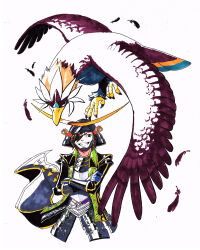 Rule 34 | armor, braviary, brown eyes, brown hair, crossed arms, date masamune, date masamune (sengoku musou), eyepatch, feathers, gen 5 pokemon, grin, hair between eyes, helmet, highres, japanese clothes, long bangs, nintendo, pokemon, pokemon conquest, sengoku musou, smile, source request, teeth