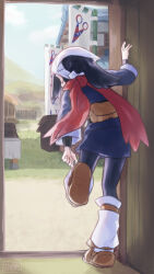Rule 34 | 1girl, absurdres, adjusting clothes, adjusting shoe, akari (pokemon), arm up, banner, black hair, black shirt, brown shoes, building, cloud, commentary request, day, from behind, full body, grass, headscarf, highres, jacket, leg up, long hair, nintendo, pantyhose, pokemon, pokemon legends: arceus, red scarf, sasami 642, scarf, shirt, shoe soles, shoes, skirt, sky, socks, solo, standing, standing on one leg, white socks