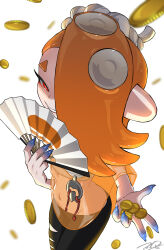1girl absurdres alternate_color alternate_hair_color asymmetrical_hair bandages black_pants blue_skin chest_sarashi coin colored_skin commentary_request falling_money folding_fan grin hachimaki hair_over_one_eye hand_fan headband highres holding holding_fan looking_at_viewer medium_hair multicolored_skin navel nejiri_hachimaki nintendo octoling one_eye_covered orange_hair orange_shawl pants parted_bangs parted_lips pointy_ears puchiman red_eyes sarashi shawl shiver_(deep_cut_outfit)_(splatoon) shiver_(splatoon) short_eyebrows signature simple_background smile solo splatoon_(series) splatoon_3 standing stomach suction_cups tentacle_hair white_background