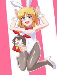 1girl :d absurdres alison_(alison_airlines)_(character) alternate_costume animal_ears blush_stickers bow bowtie breasts cigarette commentary_request cookie_(touhou) covered_navel detached_collar fake_animal_ears fake_tail full_body gomimaro grey_pantyhose high_heels highres jumping kaibara_elena_(cookie) leotard looking_at_viewer meme moriya_suwako open_mouth pantyhose pink_background playboy_bunny quieres?_(meme) rabbit_ears rabbit_pose rabbit_tail red_bow red_bowtie shoes short_hair small_breasts smile strapless strapless_leotard striped_background tail touhou white_shoes wrist_cuffs
