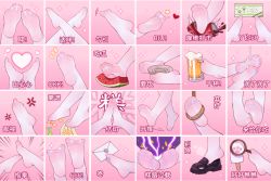 1girl ^^^ alcohol anger_vein beamed_eighth_notes beer beer_mug between_toes black_footwear bowl can chinese_text cola commentary_request crossed_legs crushing cup drink_can eighth_note emphasis_lines envelope feet feet_only foam food foot_focus fruit heart ice_cream loafers lotion magnifying_glass mug multiple_views musical_note no_shoes noose notice_lines original out_of_frame pantyhose partially_translated rope see-through_clothes shoes simplified_chinese_text skull soda_can soles sparkle toes translation_request tsubasa_tsubasa watermelon watermelon_slice white_pantyhose