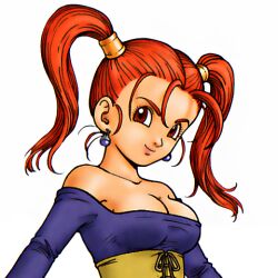 1girl bare_shoulders blue_dress breasts brown_eyes cleavage closed_mouth corset dragon_quest dragon_quest_viii dress earrings female_focus forehead hair_ornament hair_tubes hair_tuft head_tilt jessica_albert jewelry large_breasts long_hair looking_at_viewer official_art red_hair simple_background smile square_enix strapless strapless_dress toriyama_akira twintails upper_body white_background