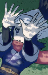 Rule 34 | 1girl, akari (pokemon), black shirt, commentary request, day, eyelashes, grass, grey eyes, headscarf, highres, jacket, lying, nintendo, on back, open mouth, outdoors, outstretched arms, pokemon, pokemon legends: arceus, red scarf, sasami 642, sash, scarf, shadow, shirt, solo, tree
