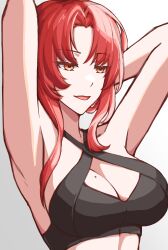 Rule 34 | 1girl, :d, absurdres, alternate eye color, armpit focus, armpits, arms behind head, black bra, bra, breasts, cleavage, cleavage cutout, clothing cutout, highres, honkai (series), honkai impact 3rd, large breasts, mole, mole on breast, murata himeko, open mouth, orange eyes, pyeong il, red hair, smile, solo, underwear, upper body, white background