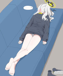 1girl bare_legs barefoot black_hoodie blue_archive blush couch crossed_ankles ear_blush hair_ornament hare_(blue_archive) highres hood hoodie lying on_stomach panties solo unamaso underwear unworn_hair_ornament white_panties
