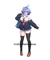 1girl antenna_hair artist_request breasts character_request cleavage copyright_name full_body hair_between_eyes highres jacket large_breasts lilith-soft looking_at_viewer medium_hair miniskirt multicolored_hair open_clothes open_jacket open_mouth revealing_clothes school_uniform shiny_clothes shiny_skin shirt shoes skirt taimanin_(series) taimanin_rpgx two-tone_hair white_background white_shirt wide_hips
