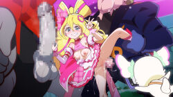 1girl 2boys bare_shoulders blonde_hair blue_eyes blush breasts censored clothes_lift clothes_pull colored_skin cure_idol dot_nose dress dress_lift dress_pull drill_hair elf eyebrows eyelashes gloves grey_skin grin group_sex handjob hands_up hetero huge_penis jcm2 kimi_to_idol_precure leaning_to_the_side leg_up long_hair looking_at_viewer mmf_threesome mosaic_censoring multicolored_hair multiple_boys nervous nervous_smile nipples no_bra no_panties penis petite pink_dress pink_hair pointy_ears precure pussy pussy_juice sakura_uta_(precure) sex sex_from_behind single_glove size_difference sleeveless sleeveless_dress small_breasts smile solo_focus standing standing_on_one_leg standing_sex streaked_hair teeth testicles threesome twin_drills two-tone_dress two-tone_hair v vaginal white_dress white_gloves