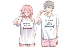 1boy 1girl absurdres black_choker blue_eyes blush bonz_(bonz0616) breasts brushing_teeth caelus_(honkai:_star_rail) choker clothes_writing commentary english_commentary grey_hair heart heart_print highres holding honkai:_star_rail honkai_(series) large_breasts looking_at_viewer march_7th_(honkai:_star_rail) medium_hair multicolored_eyes off-shoulder_shirt off_shoulder pink_eyes pink_hair pink_shorts shirt short_sleeves shorts simple_background single_bare_shoulder single_off_shoulder sweat t-shirt thighs toothbrush trailblazer_(honkai:_star_rail) twitter_username two-tone_eyes white_background white_shirt yellow_eyes