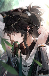 1boy arm_up artist_name black_eyes black_hair chinese_clothes commentary_request green_ribbon hair_ornament hair_stick highres holding long_hair male_focus mouth_hold nai_pizx qiuyuan_(wuthering_waves) ribbon shirt sidelocks solo upper_body white_shirt wrist_guards wuthering_waves