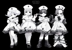4girls absurdres ankle_boots bandaged_arm bandages black_background blood blood_on_clothes blunt_bangs boots braid choppy_bangs closed_mouth collared_dress commentary cross cross-laced_clothes cross-laced_legwear cross_print crown_braid double_bun dress elbow_gloves expressionless eyeliner eyepatch eyeshadow facial_mark fingerless_gloves flat_chest forehead_mark frilled_dress frills full_body gloves greyscale grin hair_bun hair_ornament hat highres holding holding_knife holding_syringe holding_whip juliet_sleeves knee_boots knife latex latex_gloves leg_warmers long_hair long_sleeves looking_at_viewer makeup mascara medical_eyepatch monochrome multiple_girls nurse nurse_cap original pantyhose platform_boots platform_shoes puffy_sleeves rabbit_hair_ornament shoes sidelocks simple_background sleeve_cuffs smile standing standing_on_one_leg symbol-only_commentary syringe thighhighs wolrero wrist_cuffs