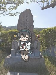 1girl :3 bird black_hair blue_sailor_collar blue_skirt blue_sky chibi chicken closed_eyes cloud day dress ferret-san glasses green_hairband hairband highres kantai_collection layered_sleeves long_hair long_sleeves monument ooyodo_(kancolle) outdoors photo_background pleated_dress sailor_collar sailor_shirt school_uniform semi-rimless_eyewear serafuku shirt short_over_long_sleeves short_sleeves skirt sky under-rim_eyewear white_shirt