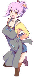 1girl apron black_apron boots brown_boots brown_eyes collarbone denim denim_shorts fang gal_modeler_kasuko-chan kanda_sumire_(character) long_sleeves looking_at_viewer off-shoulder_shirt off_shoulder open_mouth purple_hair shirt short_shorts shorts skin_fang smile solo thigh_boots thighhighs touge_hiro white_shirt