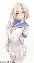 1girl absurdres arcueid_brunestud blonde_hair blue_archive blue_sailor_collar blush bow bowtie breasts buttons cosplay crop_top crop_top_overhang deko_morii double-breasted grin hanako_(blue_archive) hanako_(blue_archive)_(cosplay) highres large_breasts looking_at_viewer miniskirt navel pink_bow pleated_skirt red_eyes sailor_collar shirt short_hair short_sleeves skirt smile solo thighs tsukihime white_shirt white_skirt