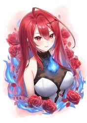 Rule 34 | 1girl, ahoge, blue fire, blue hair, breasts, colored inner hair, dress, elizabeth rose bloodflame, elizabeth rose bloodflame (1st costume), fire, fire on chest, hololive, hololive english, huge ahoge, large breasts, long hair, looking at viewer, multicolored hair, open mouth, red eyes, red hair, sebu illust, smile, solo, two-tone hair, very long hair, virtual youtuber, white dress