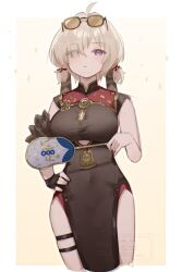 1girl ahoge bare_shoulders black_dress black_gloves blonde_hair breasts china_dress chinese_clothes dress eyewear_on_head fingerless_gloves gloves hair_ornament hair_over_one_eye hand_fan highres large_breasts looking_at_viewer low_twintails orange-tinted_eyewear parted_lips pelvic_curtain purple_eyes red_dress short_hair short_twintails side_slit single_fingerless_glove solo sunglasses suwa_(swk_kkk) sweety_(zenless_zone_zero) thighs tinted_eyewear twintails two-tone_dress zenless_zone_zero