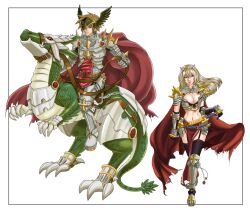 1boy 1girl armor armored_boots belt bikini_armor black_gloves black_thighhighs black_wings blonde_hair boots breastplate brown_belt brown_hair cape chainmail commentary_request cone_horns cross_of_prontera feathered_wings ferus_(ragnarok_online) full_body garter_straps gloves grey_horns head_wings hi_(ibisf5umauma) holding holding_sword holding_weapon horns leg_armor long_hair looking_at_viewer pelvic_curtain ragnarok_online red_cape red_tabard riding_dragon rune_knight_(ragnarok_online) short_hair simple_background spiked_gauntlets spiked_pauldrons sword tabard thighhighs torn_cape torn_clothes vambraces weapon white_background wings