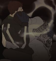 2boys absurdres afraid_of_monsters black_gloves black_hoodie brown_hair closed_eyes crossed_legs cry_of_fear david_leatherhoff from_behind full_body gloves hand_on_another&#039;s_back hand_on_another&#039;s_head highres hood hood_down hoodie hug implied_yaoi ju-san messy_hair multiple_boys multiple_scars print_hoodie scar scar_on_arm scar_on_face self-harm_scar short_hair simon_henriksson sitting sitting_on_lap sitting_on_person sleeves_rolled_up smoke turtleneck