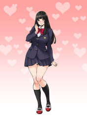 Rule 34 | 1girl, black eyes, black hair, black skirt, black socks, blazer, blush, bow, bowtie, breasts, full body, gradient background, highres, jacket, large breasts, long hair, long sleeves, looking at viewer, original, panties, pantyshot, pink background, red bow, red bowtie, school uniform, shirt, skirt, smile, socks, solo, takurou, underwear, white background, white panties, white shirt