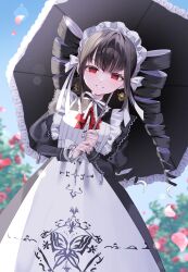 1girl absurdres animal_print apron bell bell_earrings black_hair bow butterfly_print celestia_ludenberg danganronpa:_trigger_happy_havoc danganronpa_(series) drill_hair earrings grin hair_bow hanahusa highres jewelry juliet_sleeves long_hair long_sleeves puffy_sleeves red_eyes smile teeth twin_drills twintails white_apron white_bow