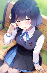 1girl black_overskirt black_vest blue_ribbon blue_skirt blunt_bangs blush commentary_request falling_leaves gakuen_idolmaster hataya_misuzu hatsuboshi_gakuen_school_uniform highres idolmaster leaf long_sleeves looking_at_viewer mole mole_under_mouth neck_ribbon on_bench one_eye_closed outdoors pleated_skirt purple_hair ribbon rubbing_eyes sakura_ran school_uniform shirt short_hair signature sitting skirt sleepy solo vest white_shirt