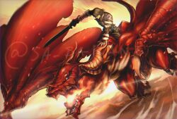 angel_(drag-on_dragoon) artist_name black_hair black_sclera caim_(drag-on_dragoon) claws closed_mouth colored_sclera commentary drag-on_dragoon drag-on_dragoon_1 dragon dragon_wings flying highres holding holding_sword holding_weapon medium_hair sa_bakan6 sharp_teeth smile sunlight sword teeth twitter_username watermark weapon wings yellow_eyes