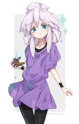 1girl artist_name black_mask black_pantyhose blue_eyes commentary commentary_request cosplay deux_murasame dress four_murasame four_murasame_(cosplay) freckles grey_background grey_hair gundam gundam_gquuuuuux highres holding holding_mask hong_(white_spider) looking_at_viewer mask medium_hair mouth_mask pantyhose patreon_username purple_dress sidelocks solo standing two-tone_background white_background zeta_gundam